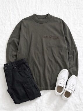Fear of God Essentials Long Sleeve Tee XXL Olive Oversized Logo